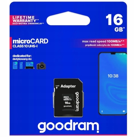 GOODRAM karta pamięci microSD 16GB 100MB/s class 10 UHS I z adapterem SD